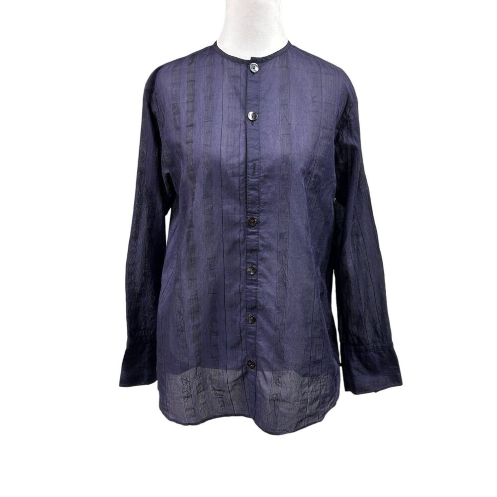 Pas De Calais Linen Blend Button Up Sheer Floral Striped Long Sleeve Sz 36 Blue